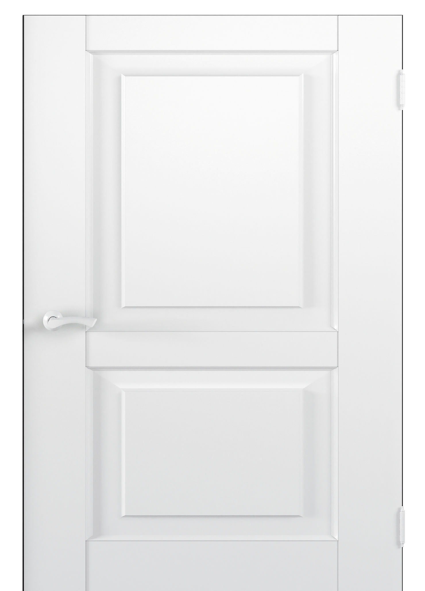 Outstanding closed white door on white background. All white minimal concept.